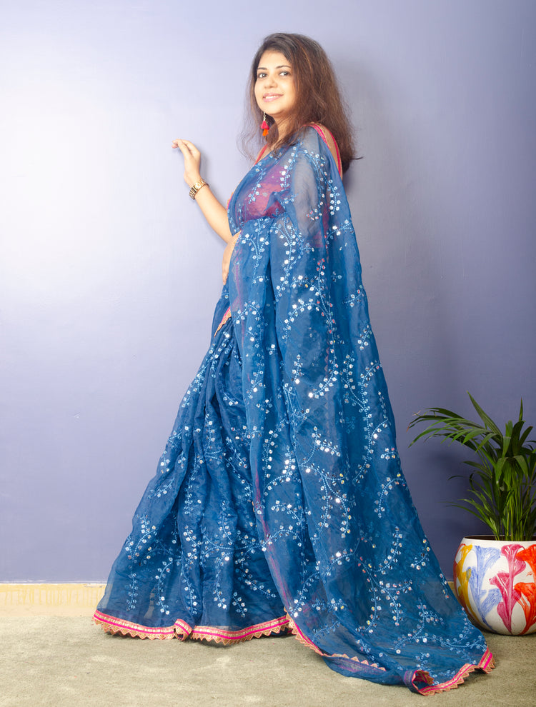 Sapphire Blue Embroidrery Organza Saree