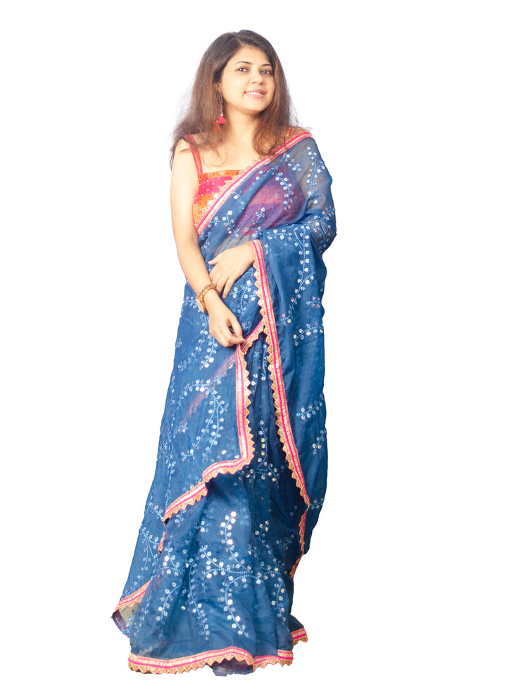 Sapphire Blue Embroidrery Organza Saree