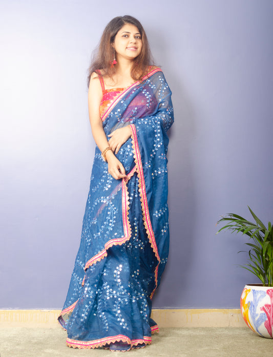 Sapphire Blue Embroidrery Organza Saree