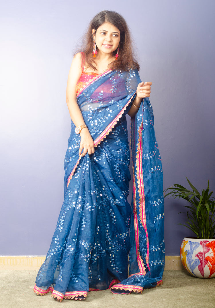 Sapphire Blue Embroidrery Organza Saree