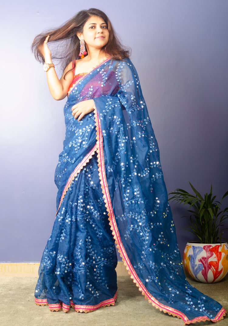 Sapphire Blue Embroidrery Organza Saree