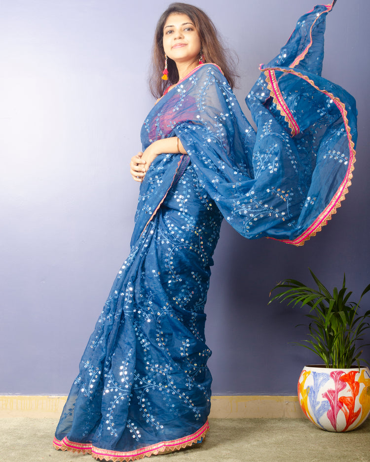 Sapphire Blue Embroidrery Organza Saree