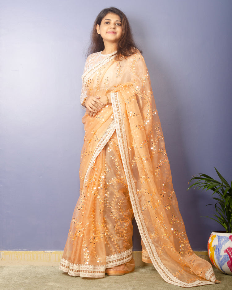 Peach Puff Embroidrery Organza Saree