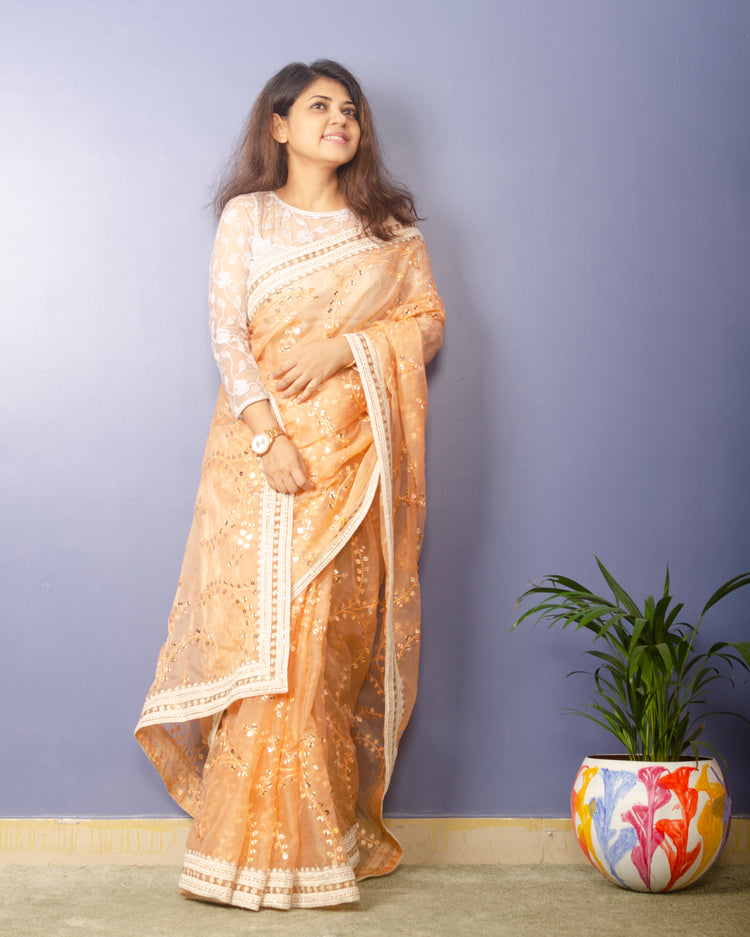 Peach Puff Embroidrery Organza Saree