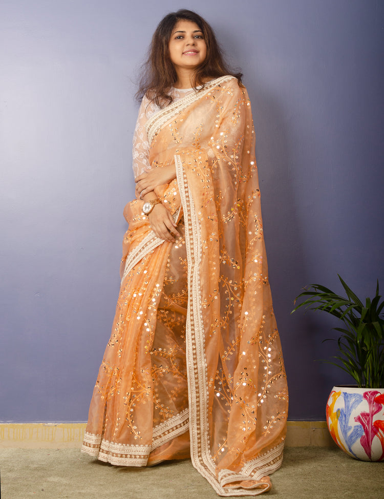 Peach Puff Embroidrery Organza Saree