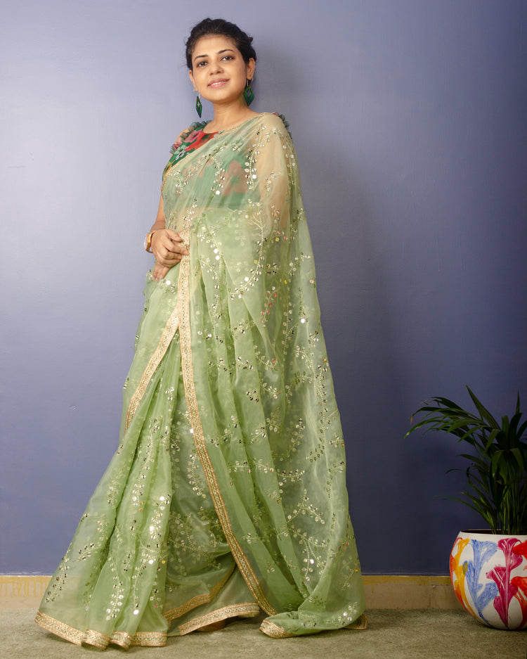 Pista Green Embroidred Organza Saree