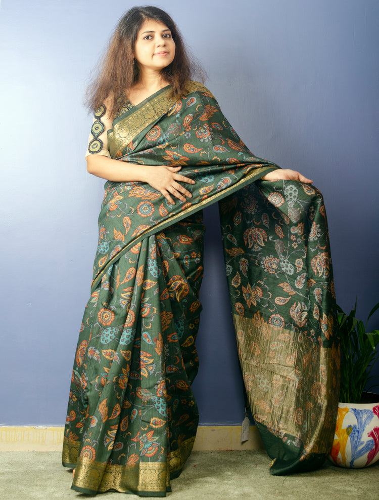 Juniper Handwoven Pure Muga Silk  with Kalamkari Print