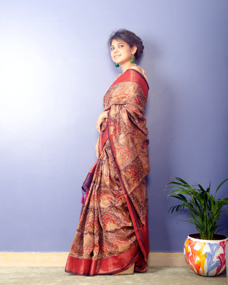 Maroon Handwoven Pure Tussar Silk With Digital Print and Antique Banarasi Border