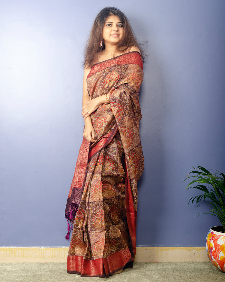 Maroon Handwoven Pure Tussar Silk With Digital Print and Antique Banarasi Border