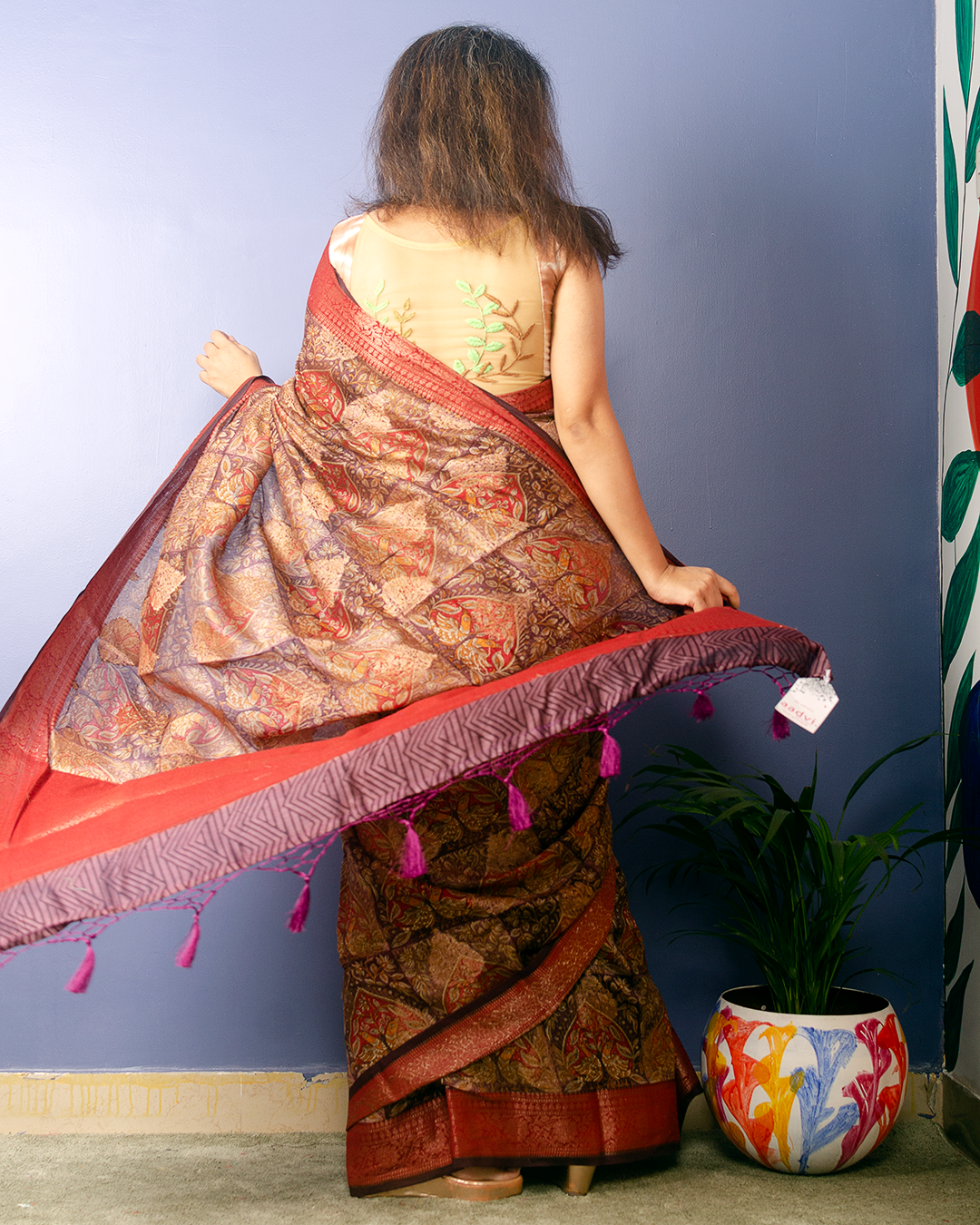Maroon Handwoven Pure Tussar Silk With Digital Print and Antique Banarasi Border — view 3