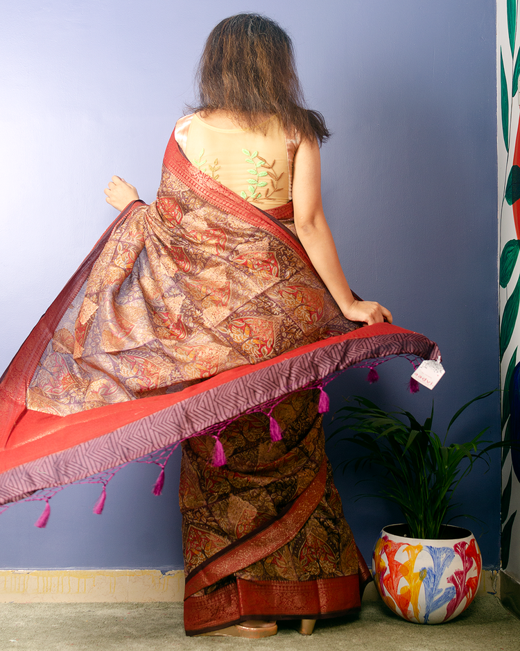 Maroon Handwoven Pure Tussar Silk With Digital Print and Antique Banarasi Border
