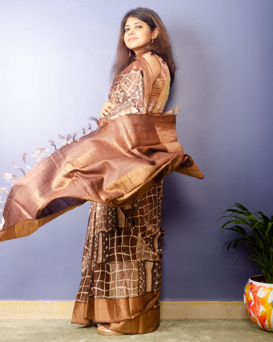 Mix Of Brown Color  Hand Block Print on Pure Tussar Silk