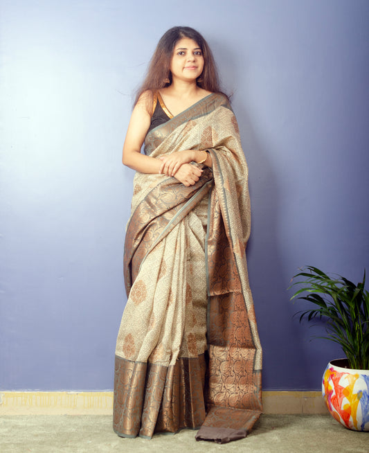 Off-white Handwoven Pure Tussar Silk With Digital Print and Antique Banarasi Border