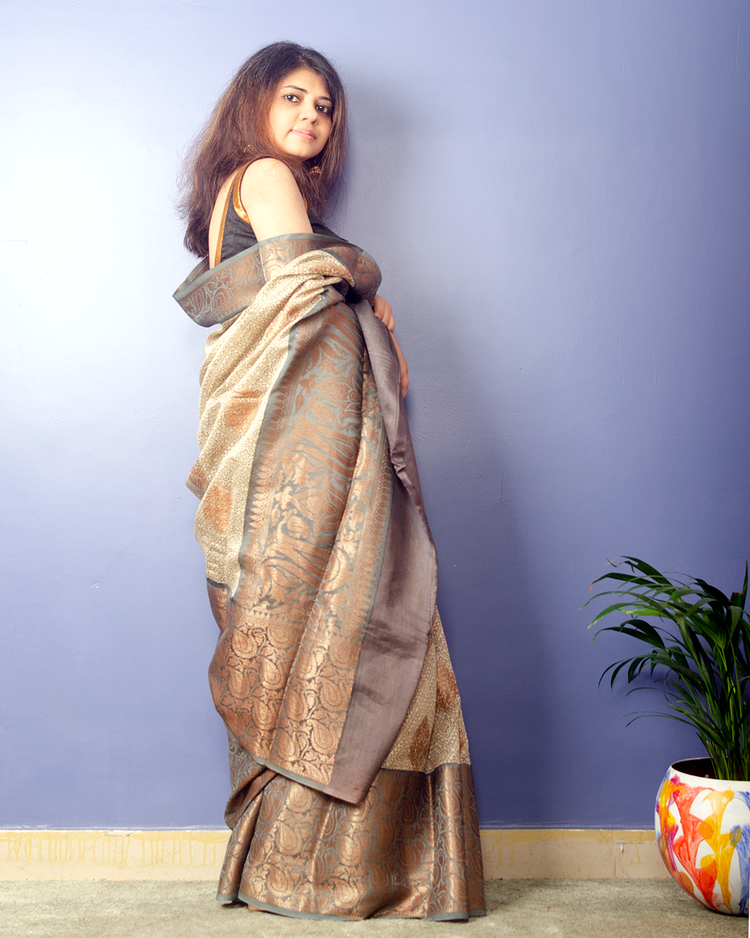 Off-white Handwoven Pure Tussar Silk With Digital Print and Antique Banarasi Border