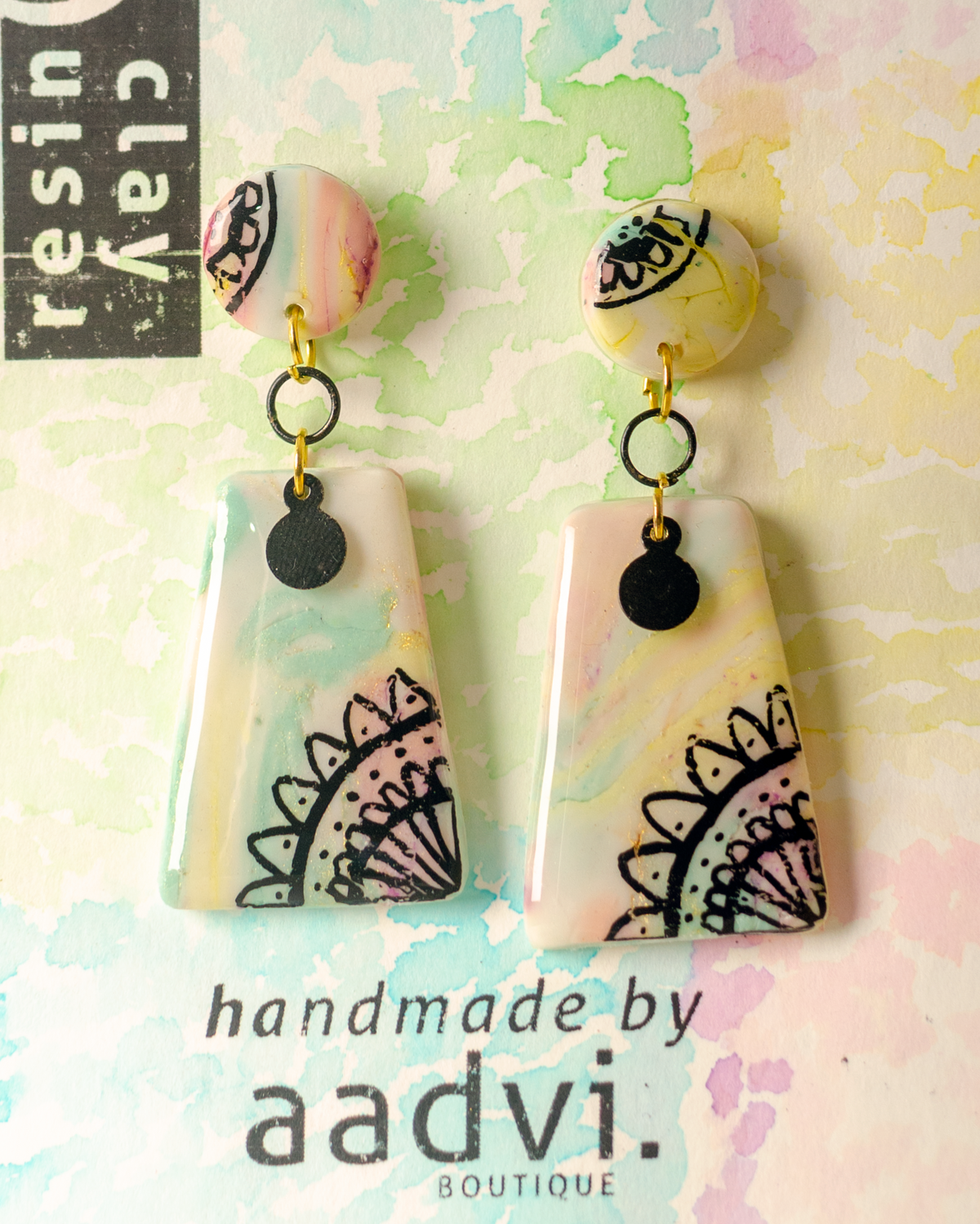 Mandala - Clay and Resin Earrings with Free Hand Half Mandala. — view 3