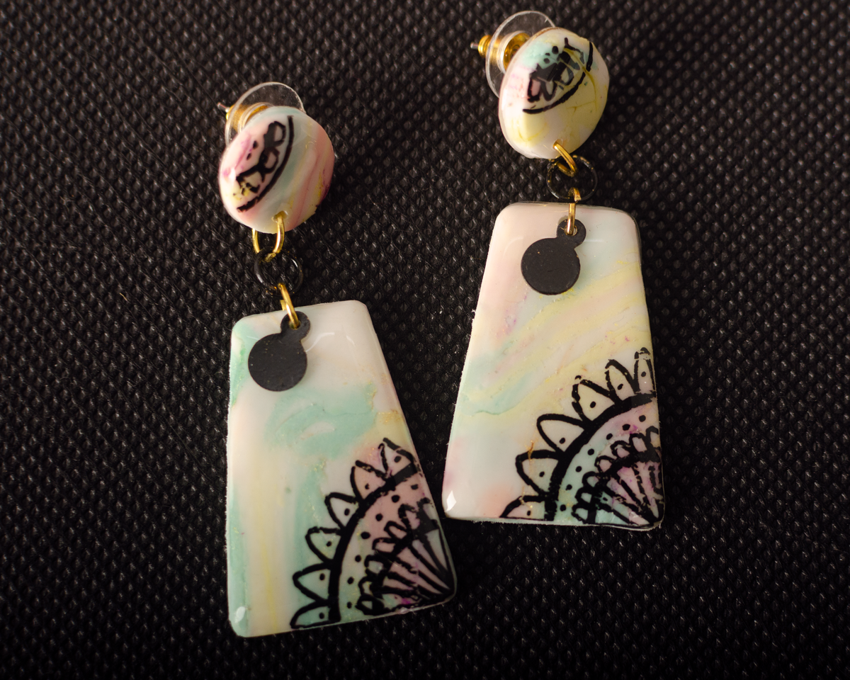 Mandala - Clay and Resin Earrings with Free Hand Half Mandala.