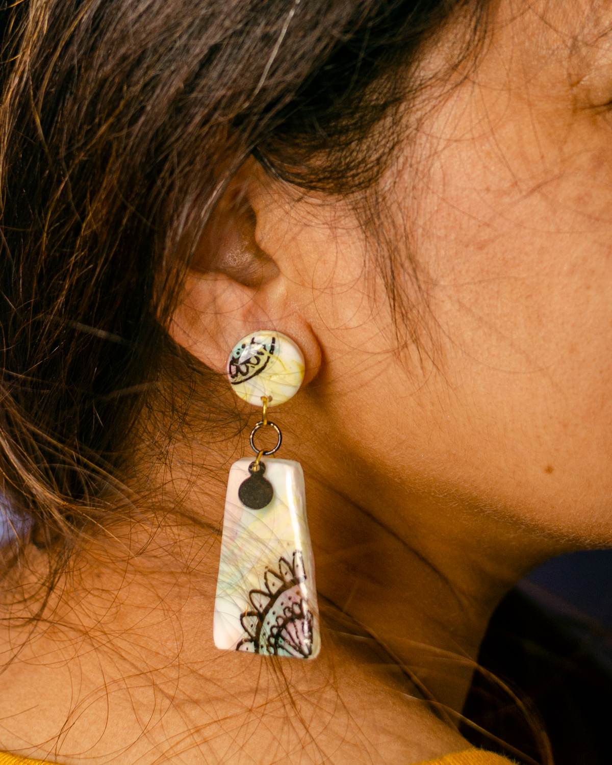 Mandala - Clay and Resin Earrings with Free Hand Half Mandala. — view 2