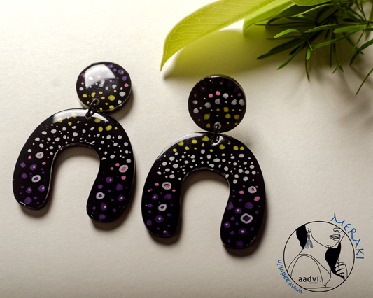 Cocktail - Black Resin Earrings with Dot Art.