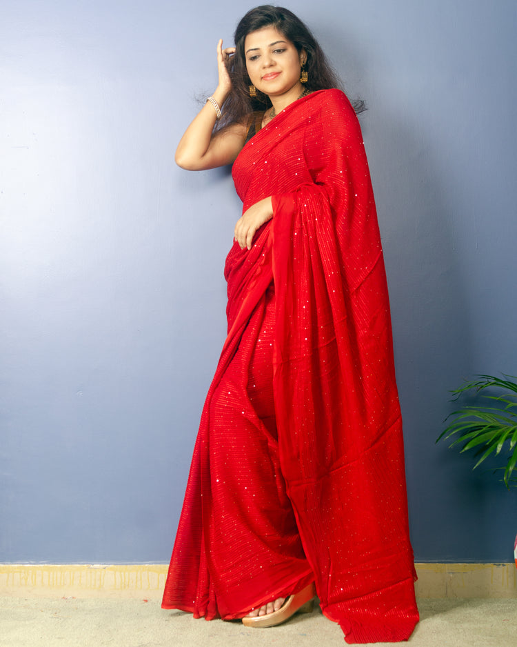 Red with sequin Georgette Sari