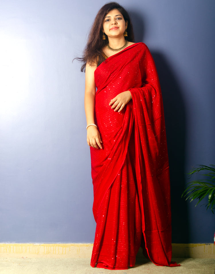 Red with sequin Georgette Sari
