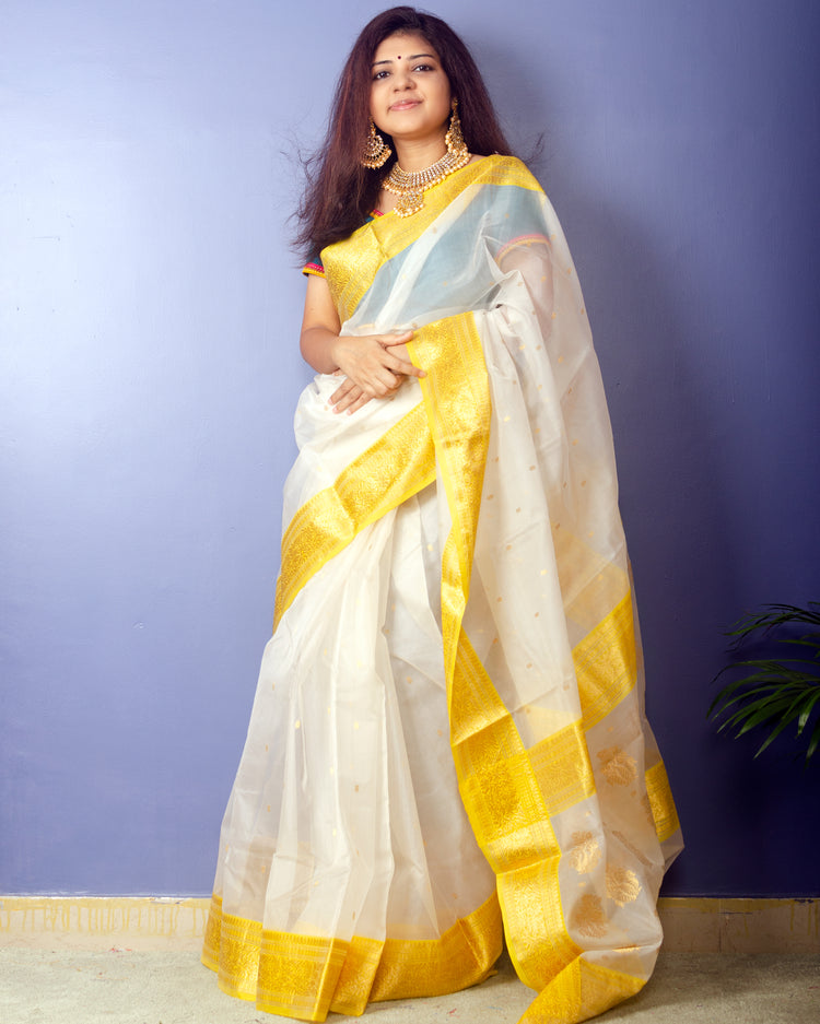 White Chanderi Handwoven Pure Silk by Silk Sari with Green zari Border
