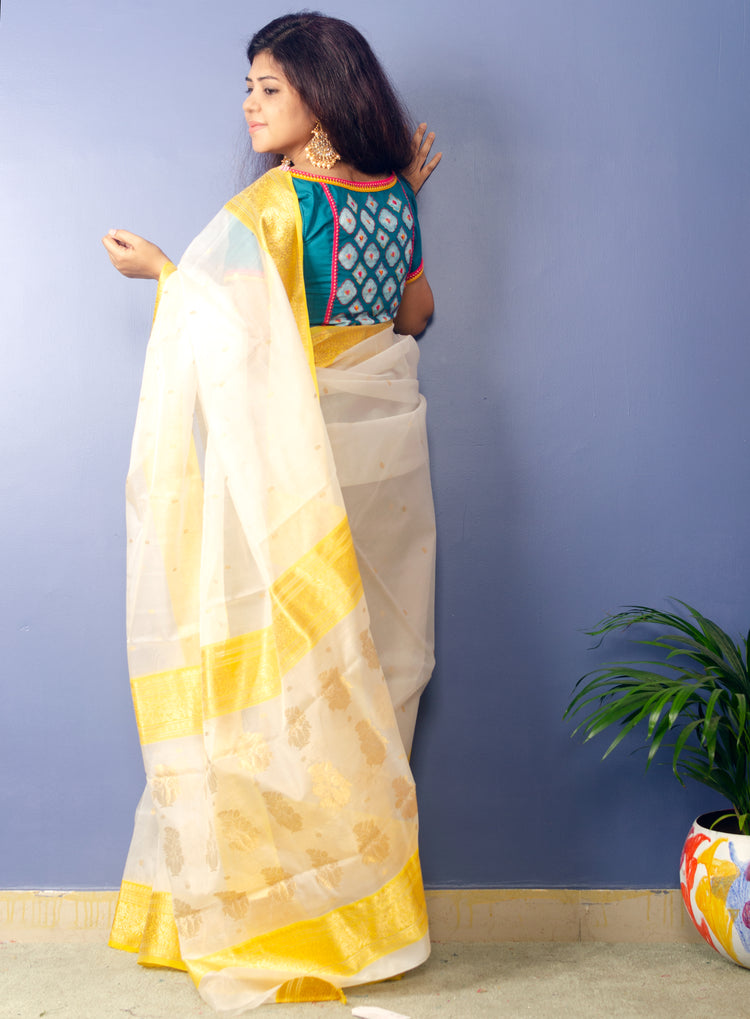 White Chanderi Handwoven Pure Silk by Silk Sari with Green zari Border