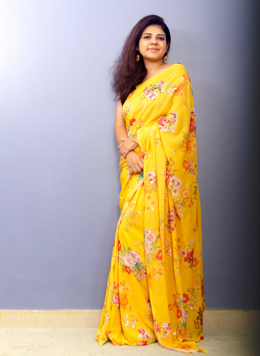 Yellow Floral Print With Embroidery Georgette Sari