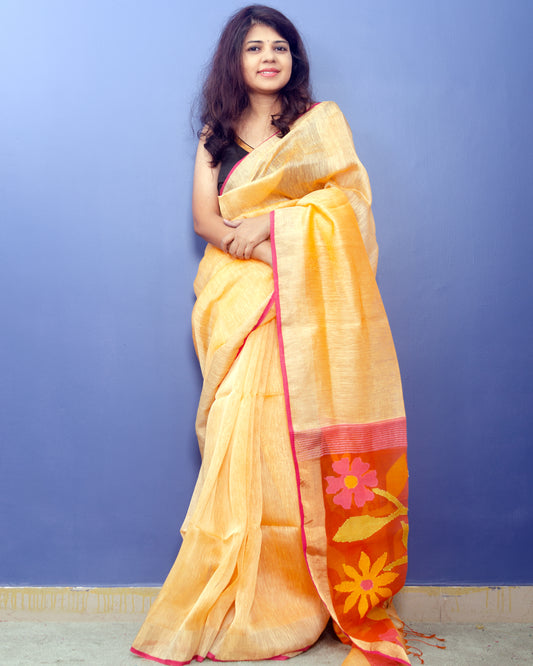 Handwoven Apricot Colour Pure Silk Linen Sari With Jamdani Paluu