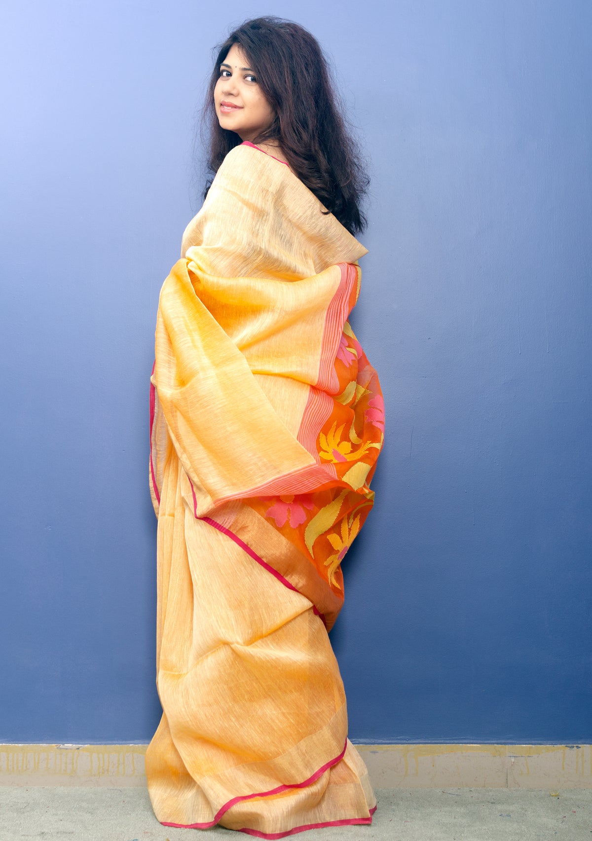 Handwoven Apricot Colour Pure Silk Linen Sari With Jamdani Paluu — view 4