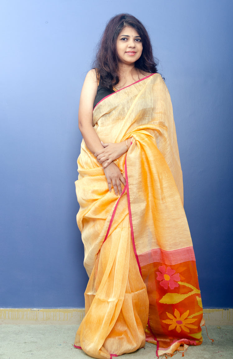 Handwoven Apricot Colour Pure Silk Linen Sari With Jamdani Paluu