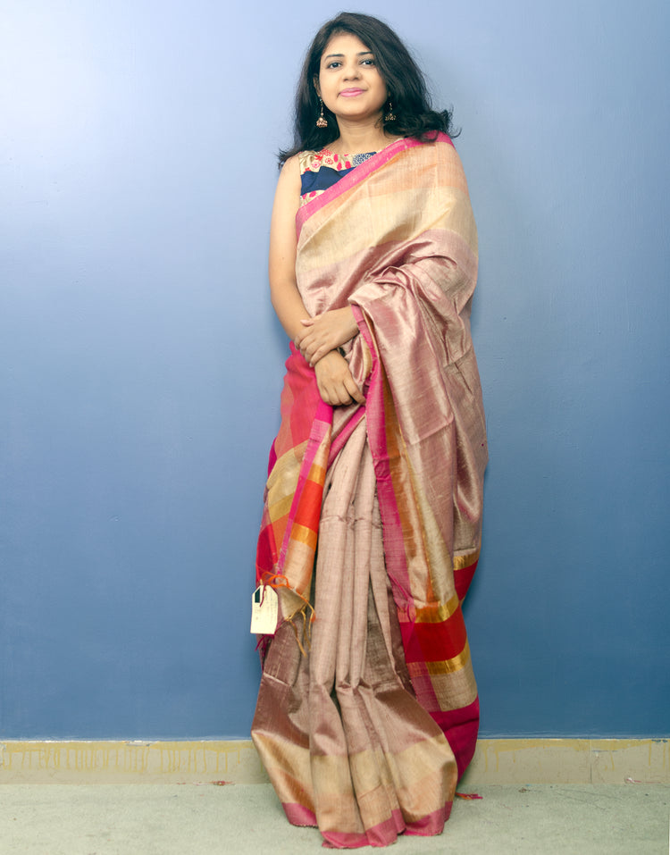 Beige Color Pure Dupion Silk Handwoven Sari with Pink and Red Pallu