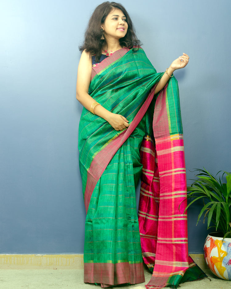 Deep Green Pure Dupion Silk Handwoven Sari with Pink Pallu