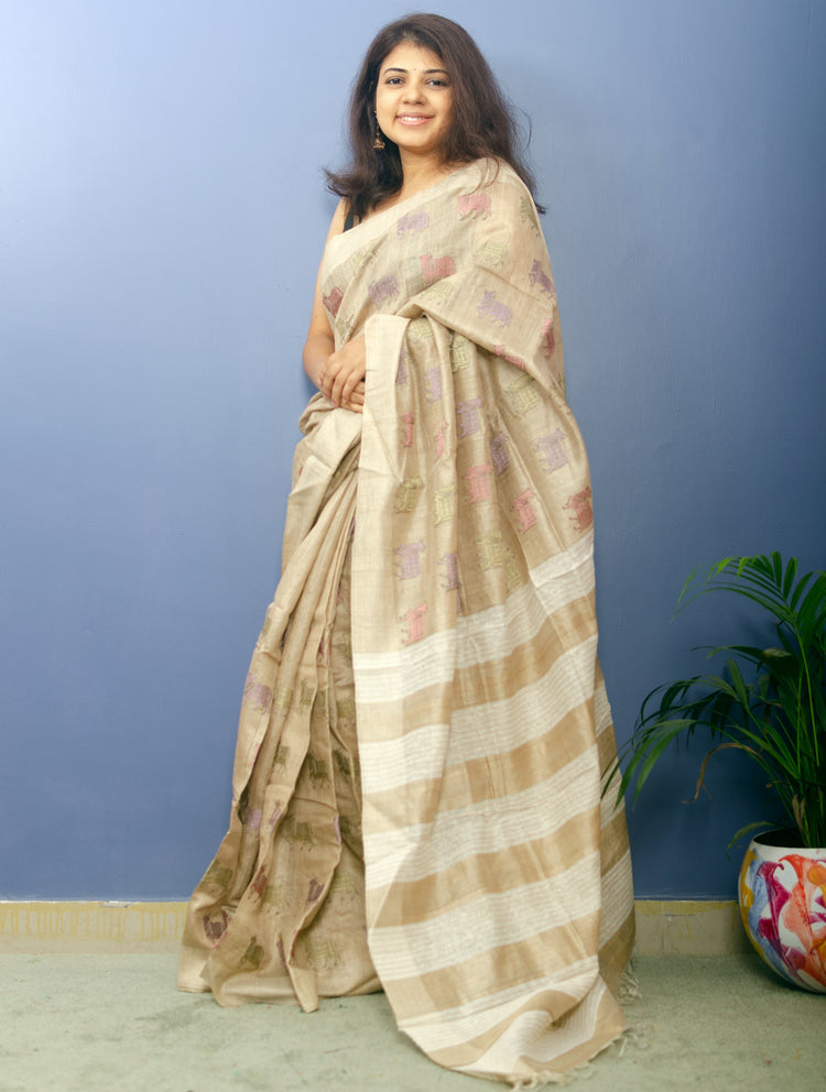 Beige Handwoven Pure Tussar Silk with embroidered work