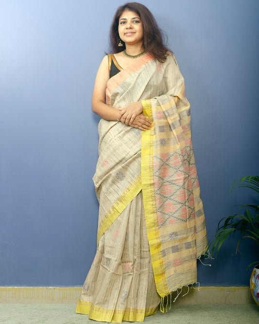 Beige Handwoven Tussar Silk with two shades of border