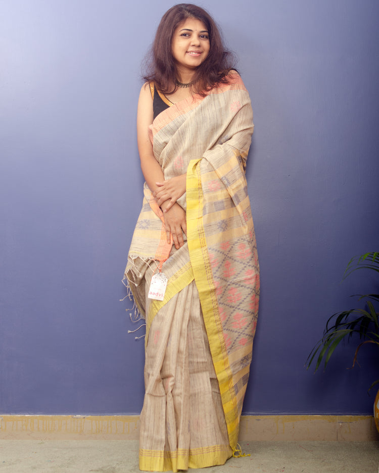 Beige Handwoven Tussar Silk with two shades of border