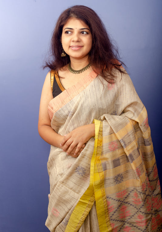 Beige Handwoven Tussar Silk with two shades of border