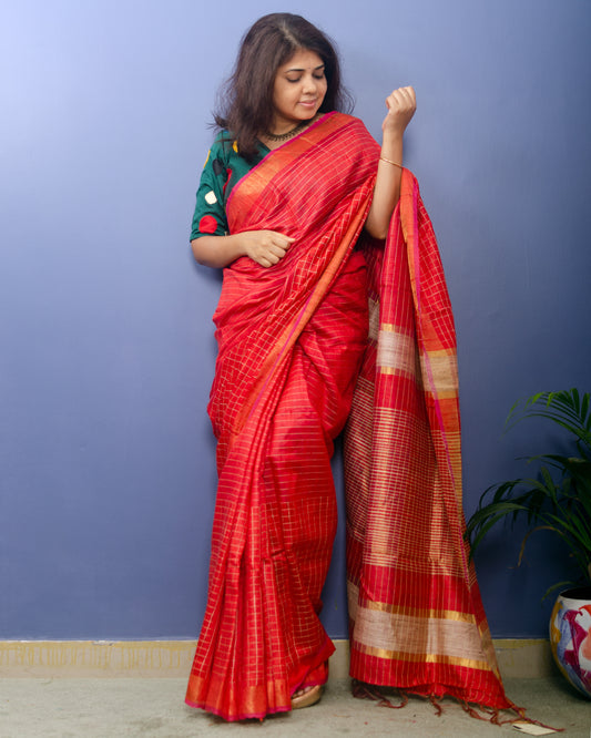 Red Pure Dupion Silk Handwoven Sari with allover golden check pattern