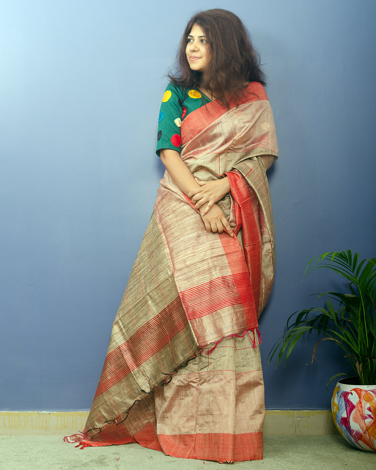 Golden Beige Pure Dupion Silk Handwoven Sari — view 2