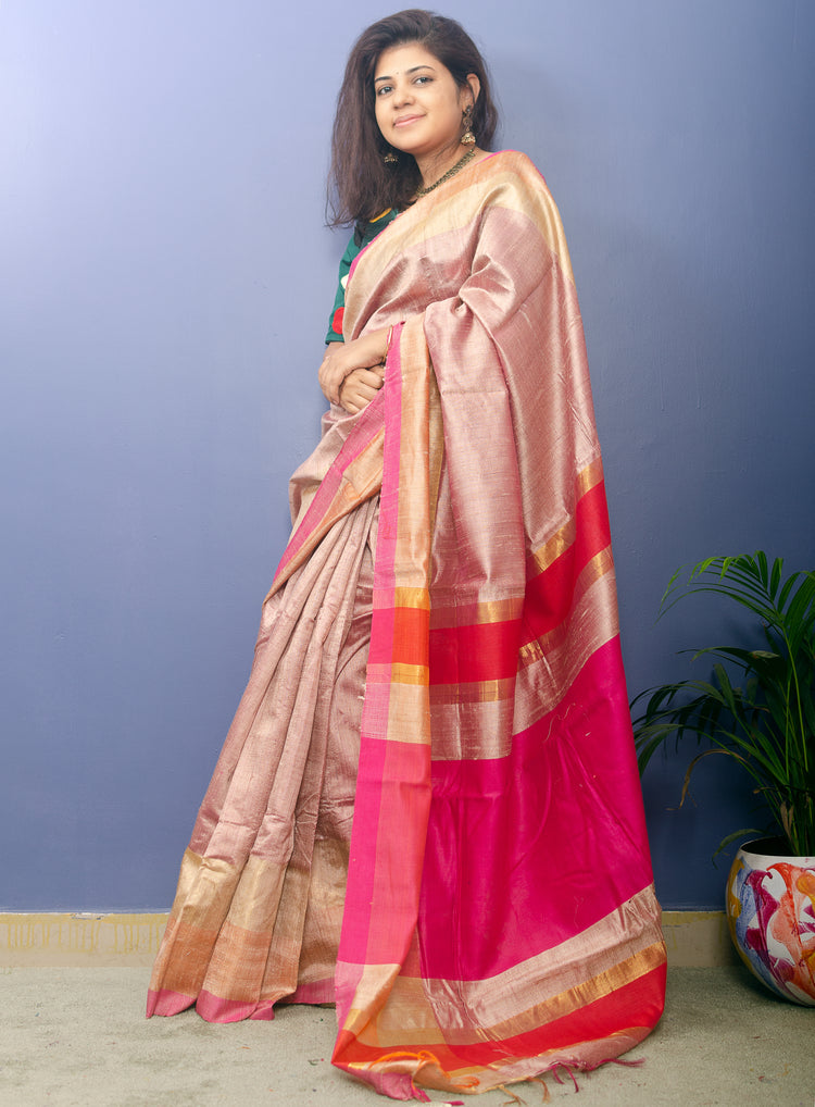 Rose Gold Pure Dupion Silk Handwoven Sari