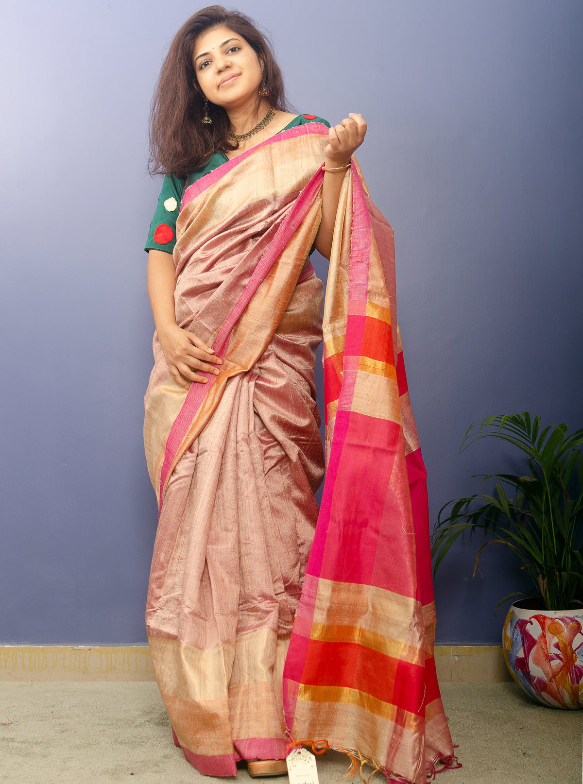 Rose Gold Pure Dupion Silk Handwoven Sari — view 3