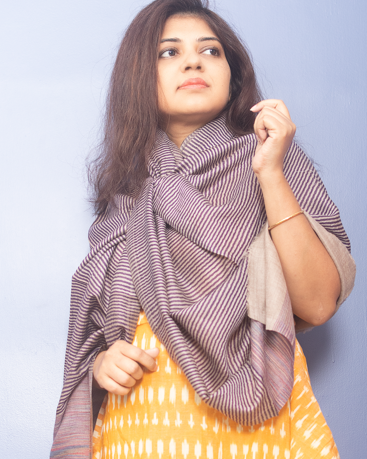 Natural Color With Purple Stripe Woven Pashmina Stole — view 3