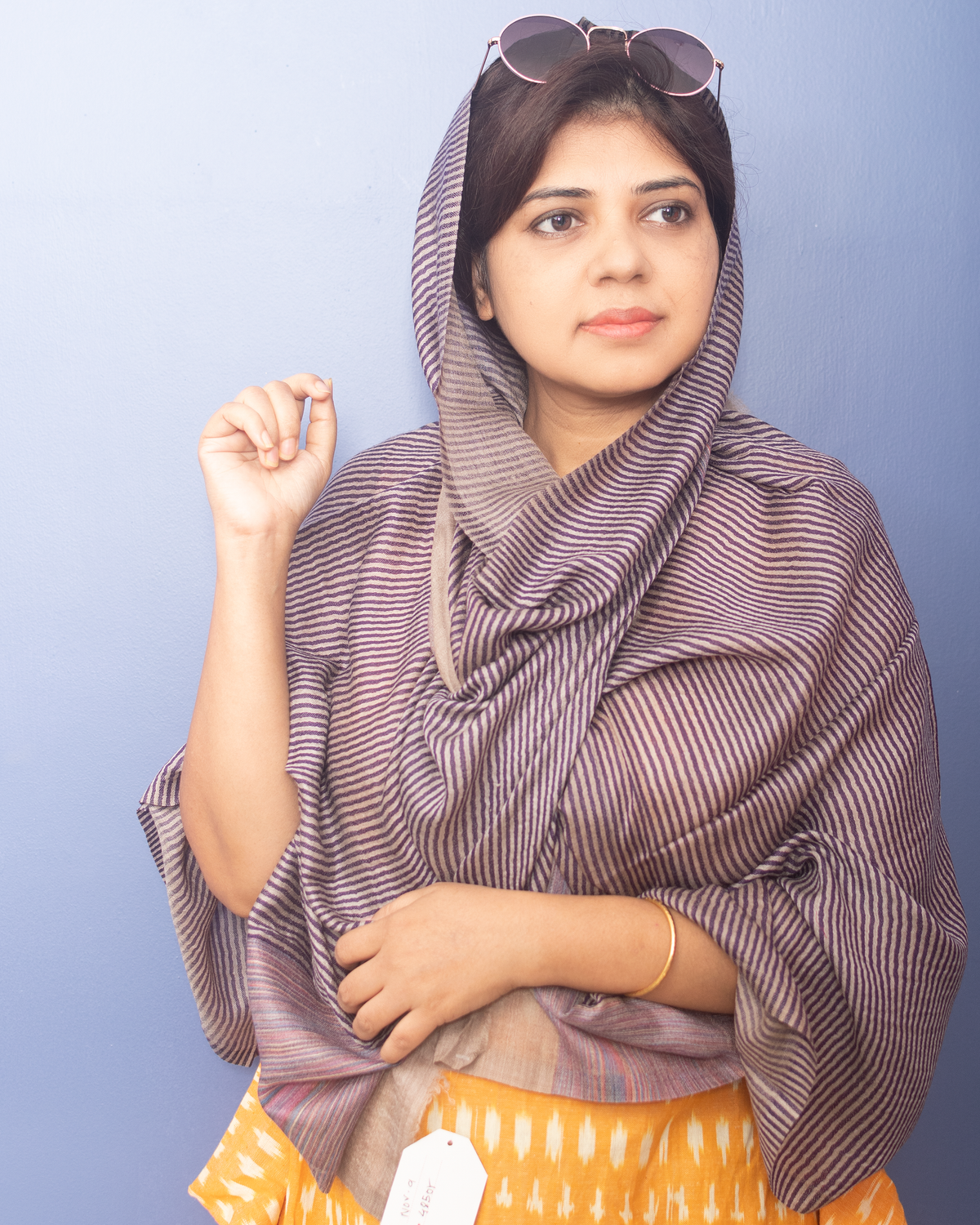 Natural Color With Purple Stripe Woven Pashmina Stole — view 4