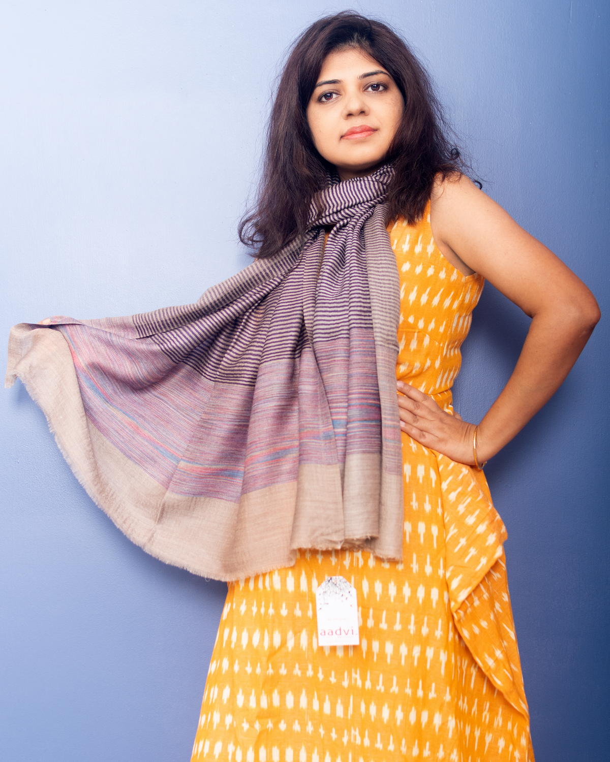 Natural Color With Purple Stripe Woven Pashmina Stole — view 2