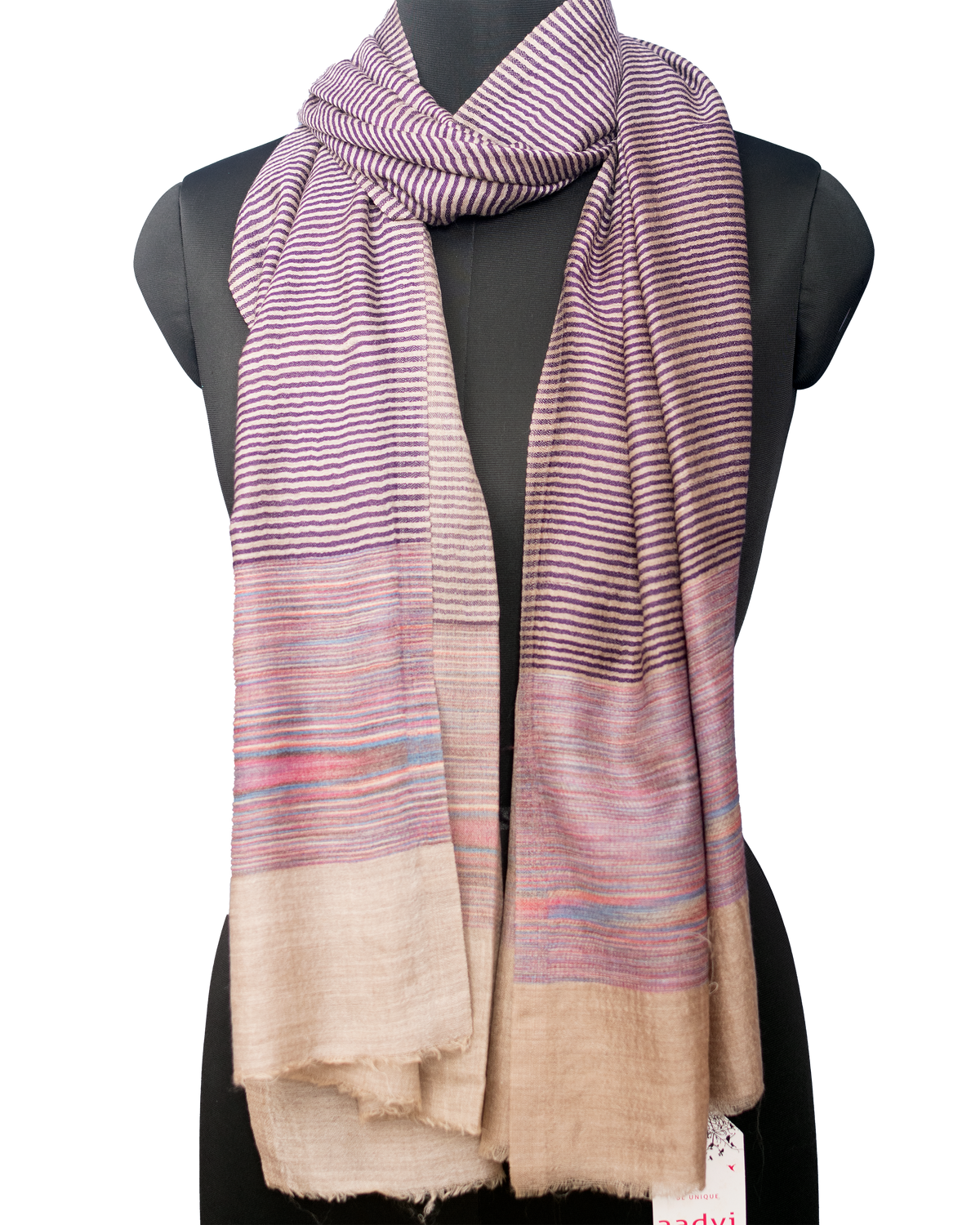 Natural Color With Purple Stripe Woven Pashmina Stole — view 5