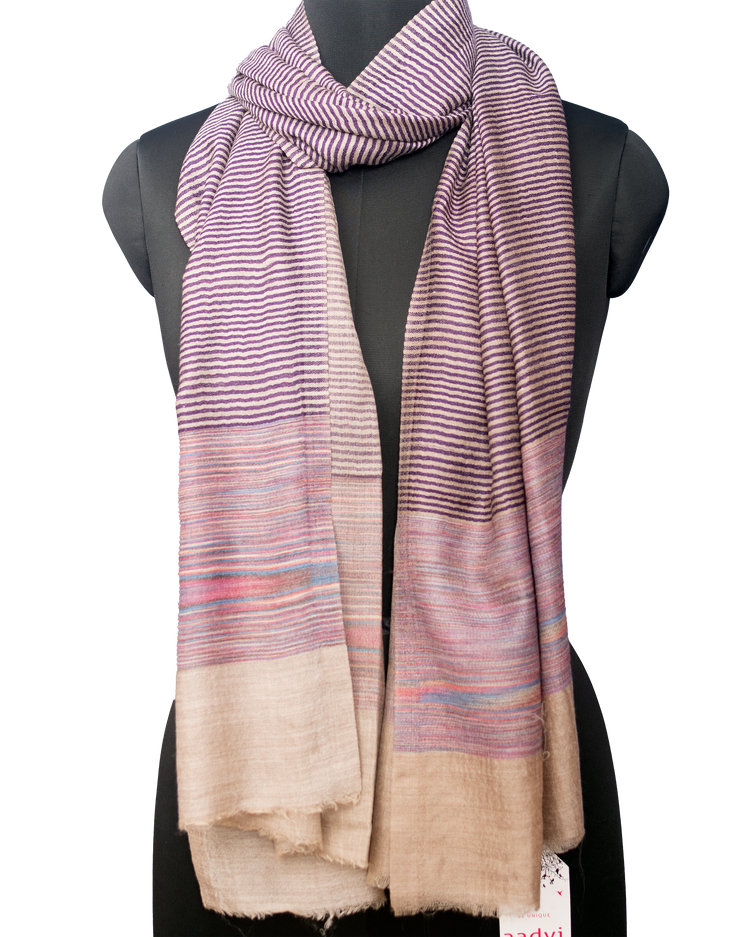 Natural Color With Purple Stripe Woven Pashmina Stole