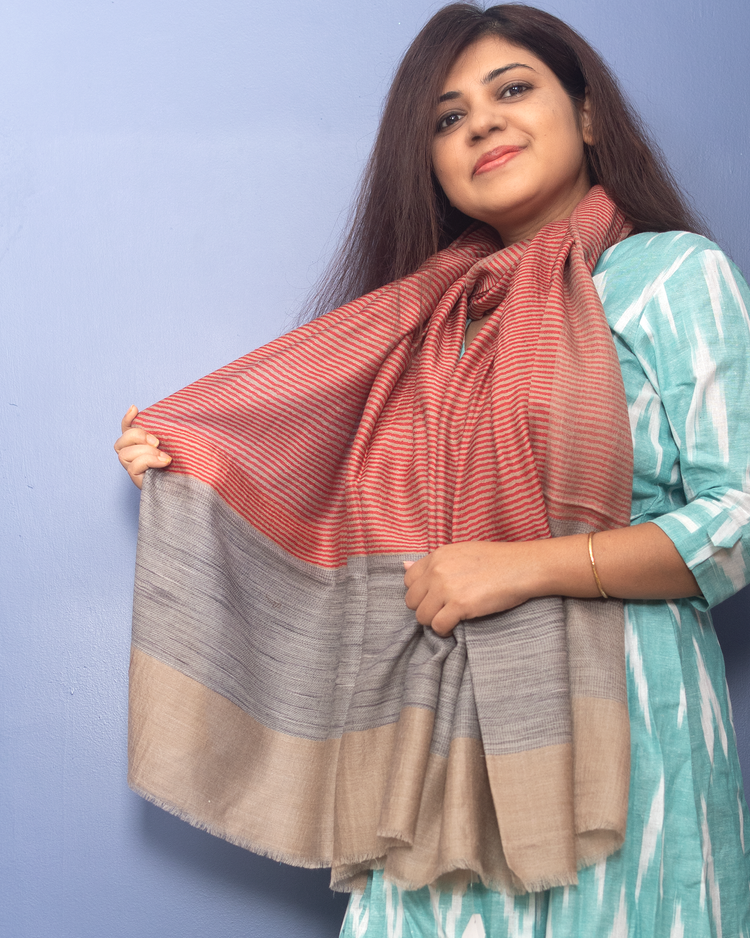 Natural Color With Red Stripe Woven Pashmina Stole