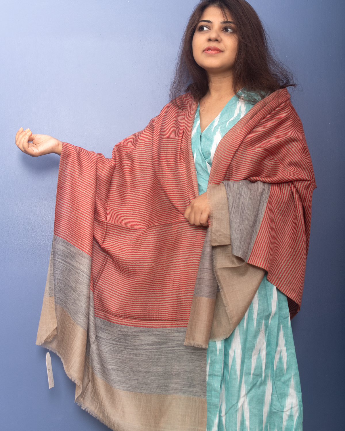 Natural Color With Red Stripe Woven Pashmina Stole — view 2