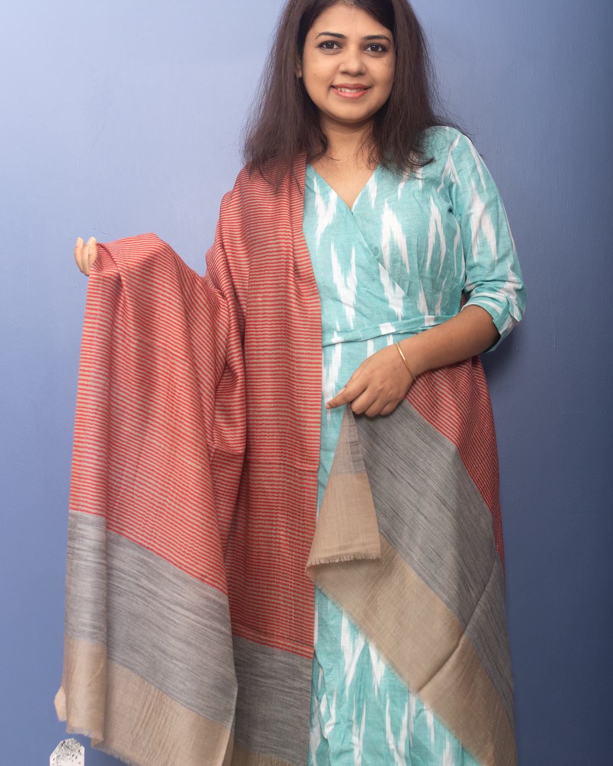 Natural Color With Red Stripe Woven Pashmina Stole — view 3