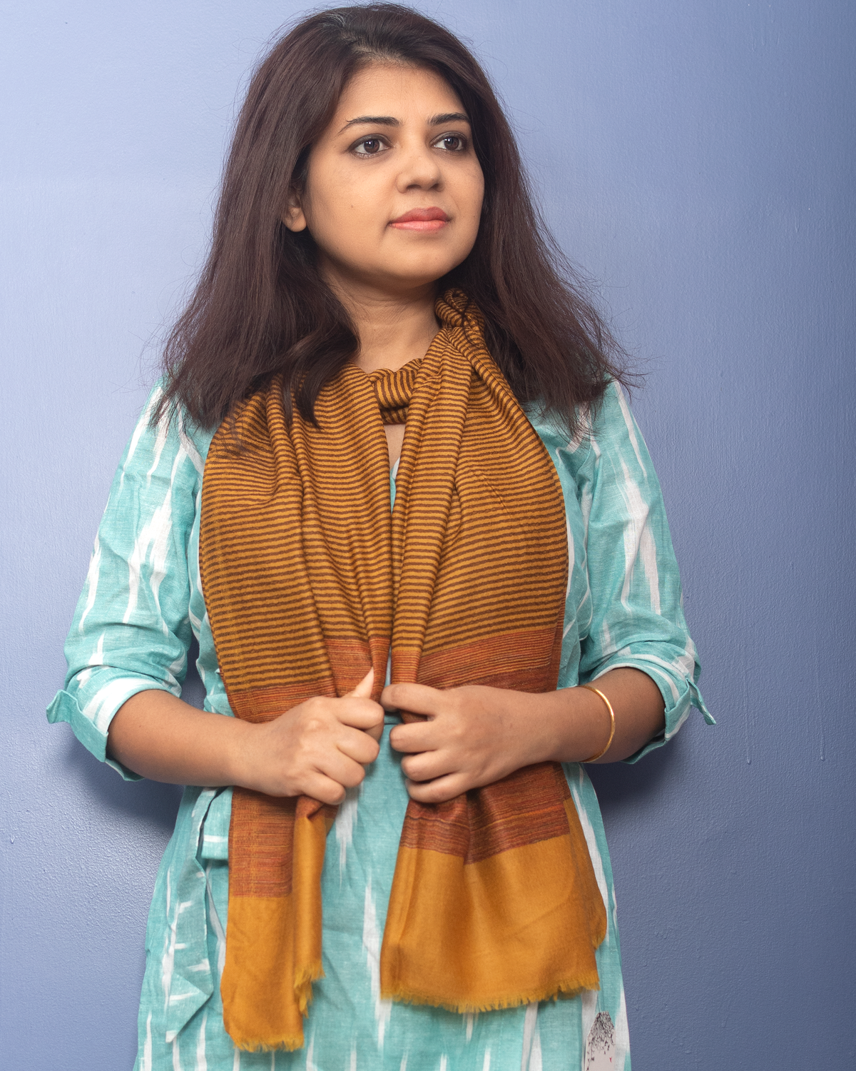 Mustard Color With Brown Stripe Woven Pashmina Stole — view 3