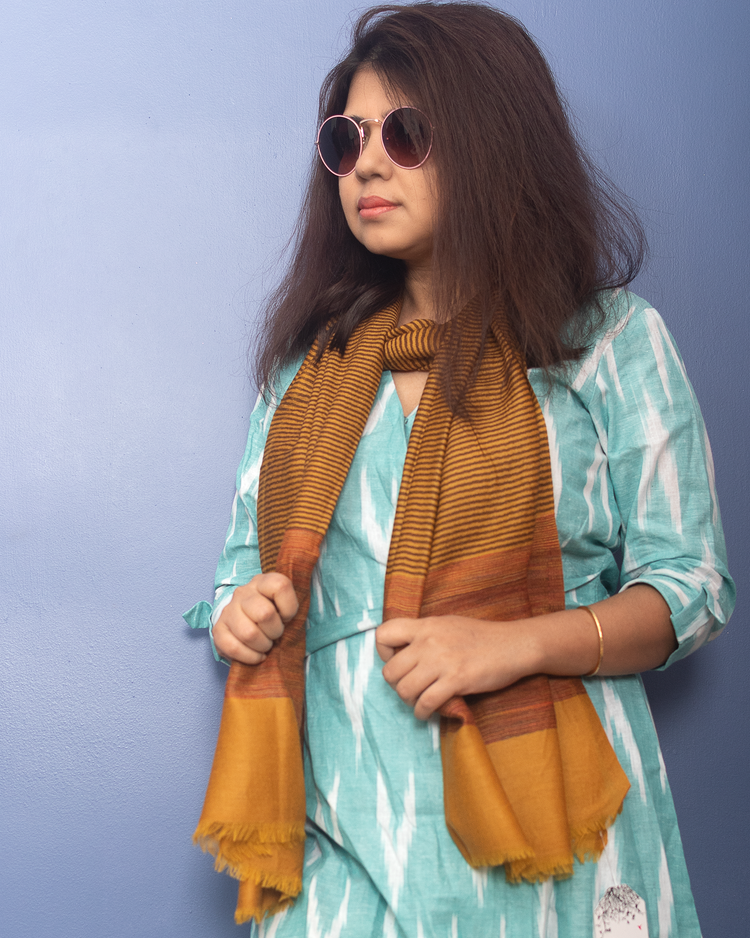 Mustard Color With Brown Stripe Woven Pashmina Stole